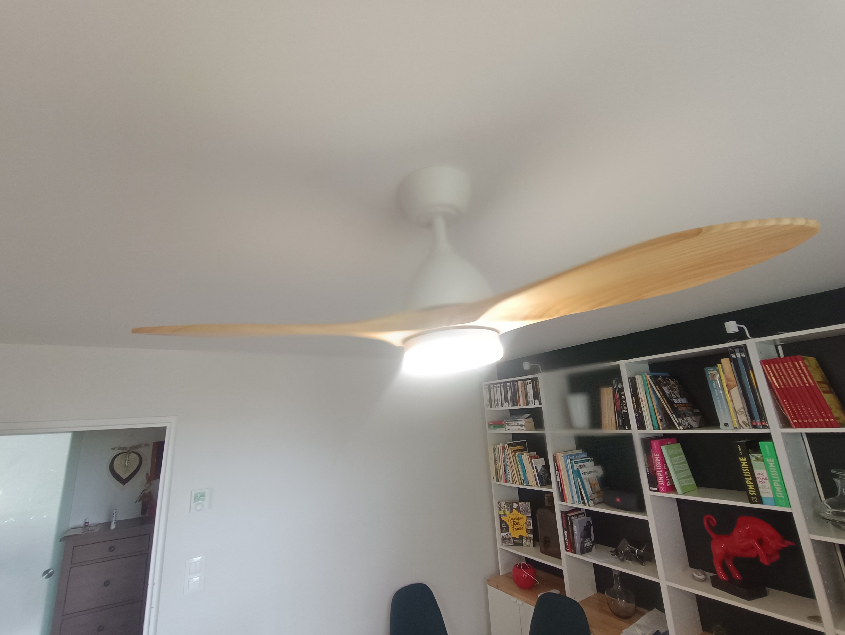Ventilateur plafonnier 2 pales design installé dans une pièce à vivre à Bordeaux